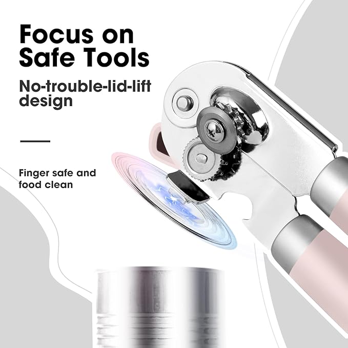 Beneno Heavy Duty Hand Can Opener Manual with Magnet, Durable Sharp Carbon Steel Blade Smooth Cutting, Big Effort-Saving Knob & Soft Grip Handle, Multifunctional Bottle Opener, Light Pink