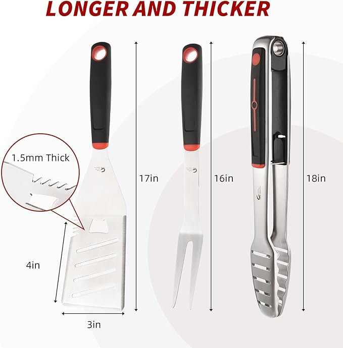 BBQ Tools Set, Heavy Duty Stainless Steel Spatula, Fork & Tongs with Portable Bag, Essential Accessories for Barbecue Outdoor Grill, Grilling Gifts for Men Dad Camp Chef