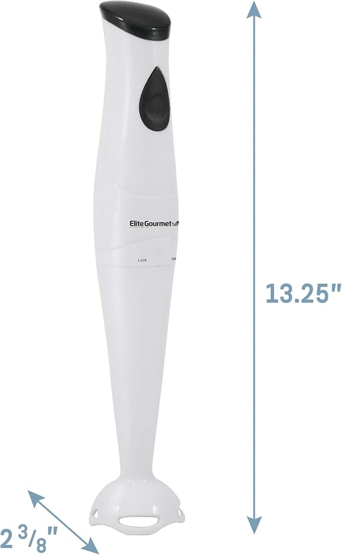 Elite Gourmet EHB2400W Electric Immersion Hand Blender, Mixer, Chopper, 1-Touch Control Multi Purpose Electric Immersion Stick, Mixer, Chopper, 150 Watts, For Soups, Sauces, Baby Food, White