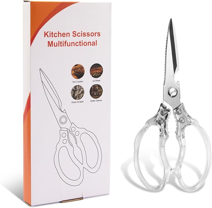 CGBE Kitchen Scissors, Multi-Purpose Kitchen Shears, Heavy Duty Dishwasher Safe Food Scissors for Chicken, Poultry, Fish, Meat & Herbs with Non-Slip Grips (Transparent)