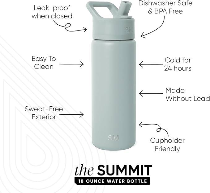 Simple Modern Kids Water Bottle with Straw Lid Vacuum Insulated Stainless Steel Metal Thermos Bottles | Reusable Leak Proof BPA-Free Flask for School | Summit Collection | 18oz, Sea Glass Sage