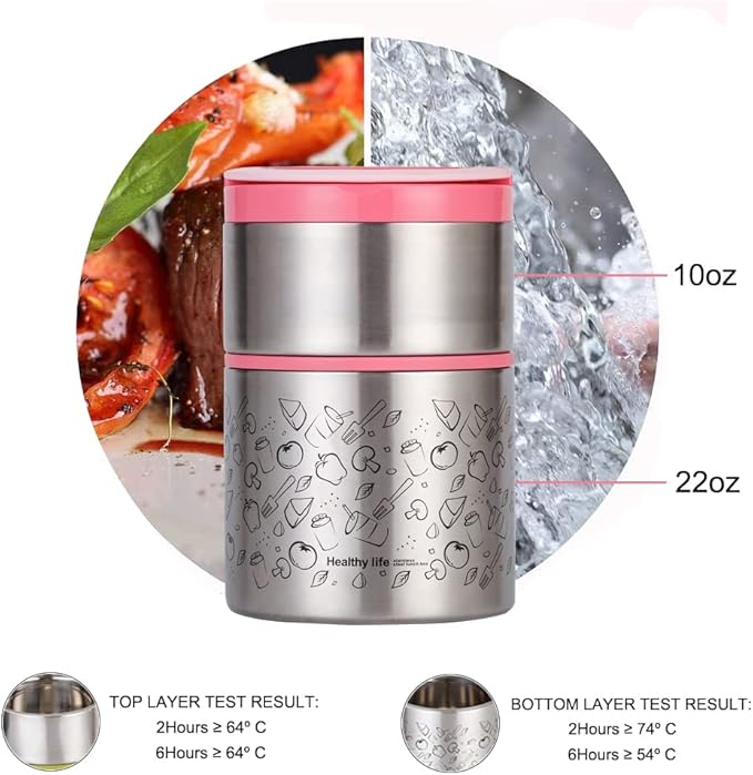 Lille Home Vacuum Insulated Stackable Stainless Steel Thermal Lunch/Snack box, 2-Tier Bento/Food Container with Lunch bag, Smart Diet, Weight Control, 32 Ounces, Pink