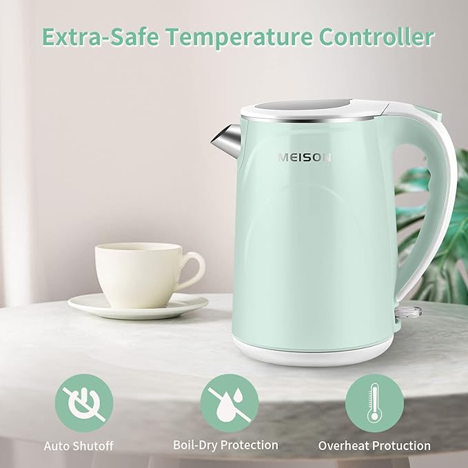 MEISON Electric Kettle, 1.7 L Double Wall Food Grade Stainless Steel Interior Water Boiler, Coffee Pot & Tea Kettle, Auto Shut-Off and Boil-Dry Protection, 1200W, 2 Year Warranty(Blue)