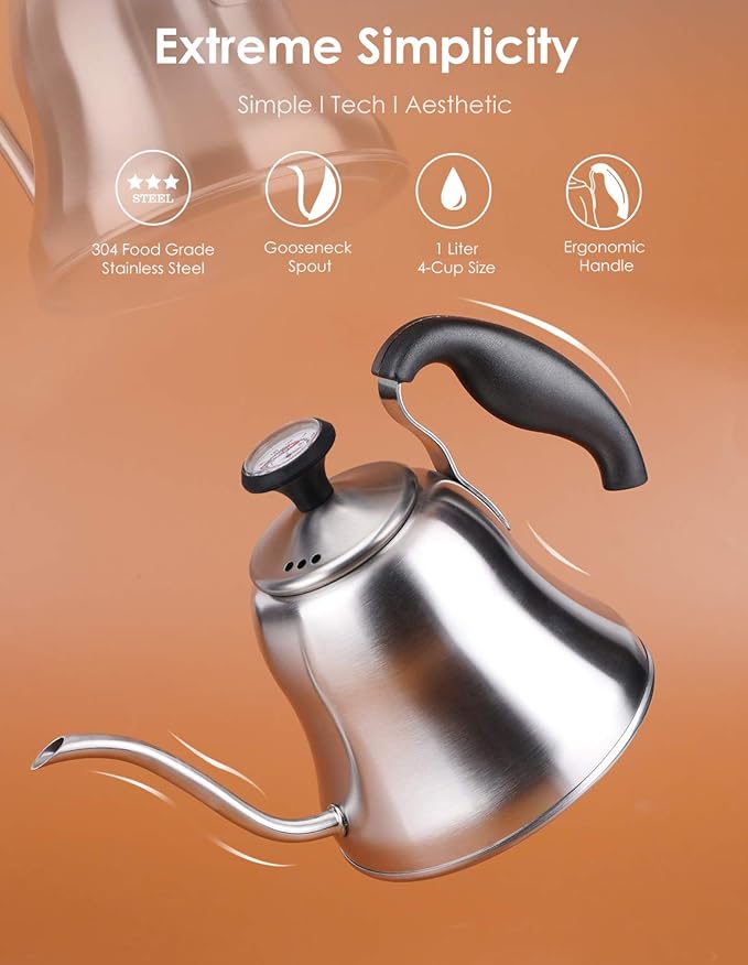 Tea Kettle with Thermometer for Stove Top Gooseneck Kettle, Pour Over Coffee Tea Pot, Goose Neck Tea Pot Stovetop, Hot Water Heater for Camping, Home & Kitchen, Stainless Steel - Small 28oz