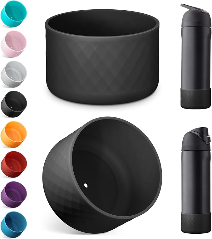 2PCS Silicone Water Bottle Boot for Owala 24oz, Protective Bottom Bumper Anti-Slip Sleeve for FreeSip, Twist, and Flip Stainless Steel Bottles, Dishwasher Safe and BPA Free(Black)