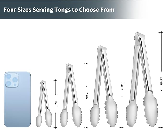 4 Pack Serving Tongs for Buffet,Metal Kitchen Tongs,Stainless Steel Food Tongs, Small Tongs for serving, Silver (5IN)