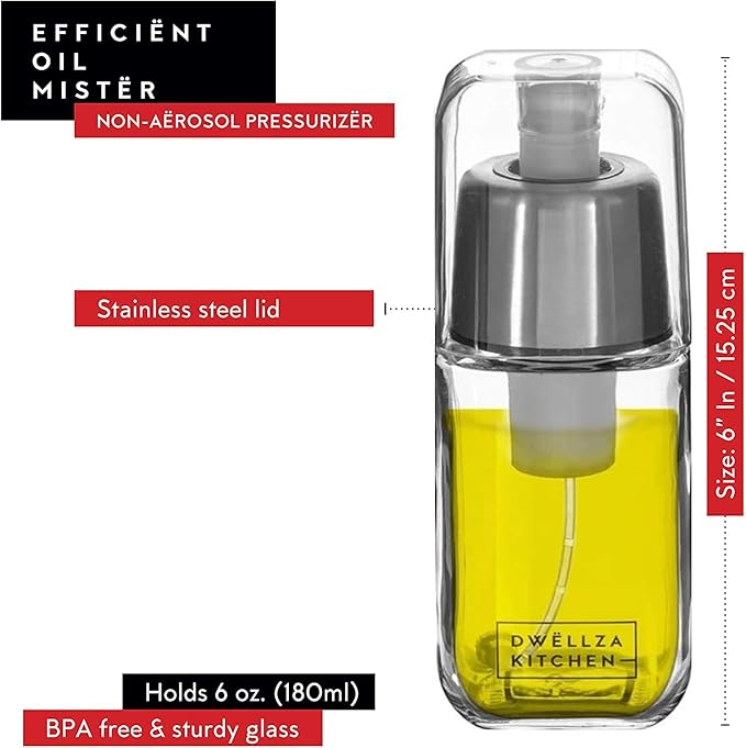 DWËLLZA KITCHEN Olive Oil Dispenser Bottle For Kitchen & Sprayer For Cooking - 2 In 1 Glass 17 Oz. Cooking Oil/Syrup Dispenser With Measurements & 6 Oz. Spray Bottle Set