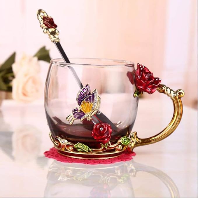 Handicraft Crystal Glass 3D Flower Cups Tea Mug With Tea Spoon Women Coffee, Tea, Juice, Beer, Milk Hot And Cold Drinks Use Gift Package. (Rose Red Coffee Cup, 11 OZ)