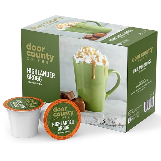 Door County Coffee Highlander Grogg Flavored Ground - 60 Count Single Serve Cups - Medium Roast - 100% Specialty Arabica - Flavored Gourmet - Caramel & Irish Cream