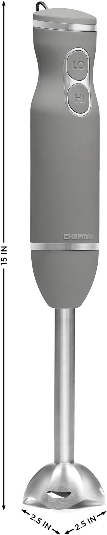 Chefman Immersion Stick Hand Blender with Stainless Steel Blades, Powerful Electric Ice Crushing 2-Speed Control Handheld Food Mixer, Purees, Smoothies, Shakes, Sauces & Soups, Grey