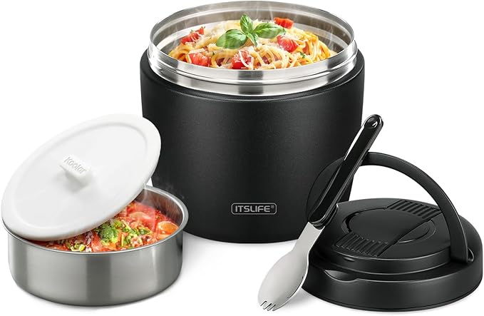 Soup Thermos for Hot Food Insulated Food Jar 32oz, Vacuum Insulated Stainless Steel Lunch Container - Wide Mouth Thermo for Soup & Food, Insulated lunch box Leakproof Bento Box with Spoon(Black)