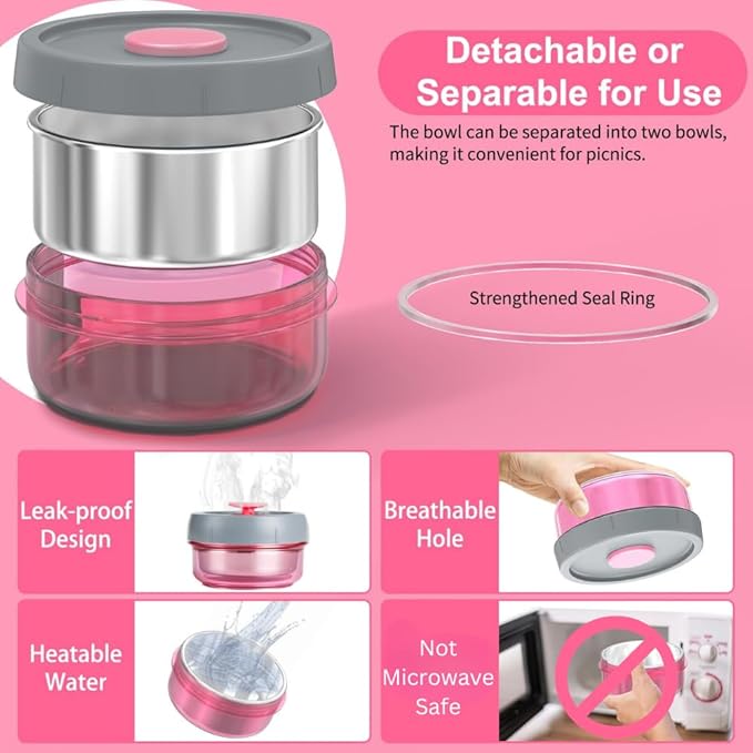 Lille Home Portable Insulated Lunch Box Set with Stainless Steel Cutlery, vacuum lunch box, to Keep Food Warm or Cool, Two Containers for Fruits and Sauces, Durable and Leak-Proof(Pink)