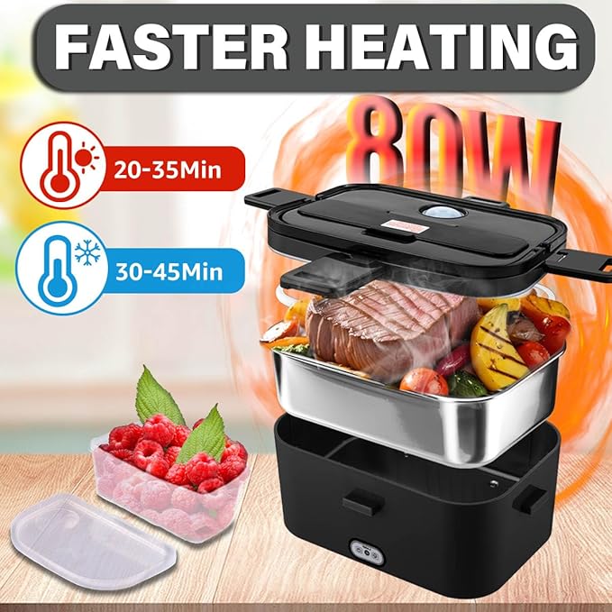 Nifogo Electric Lunch Box for Adults 80W 1.8L, Faster Heated Lunch Box for Men, Portable Electric Lunch Boxes Food Heater 12V/24V/110V Heating LunchBox for Car/Truck/Work with Bag(1.8L-Black)