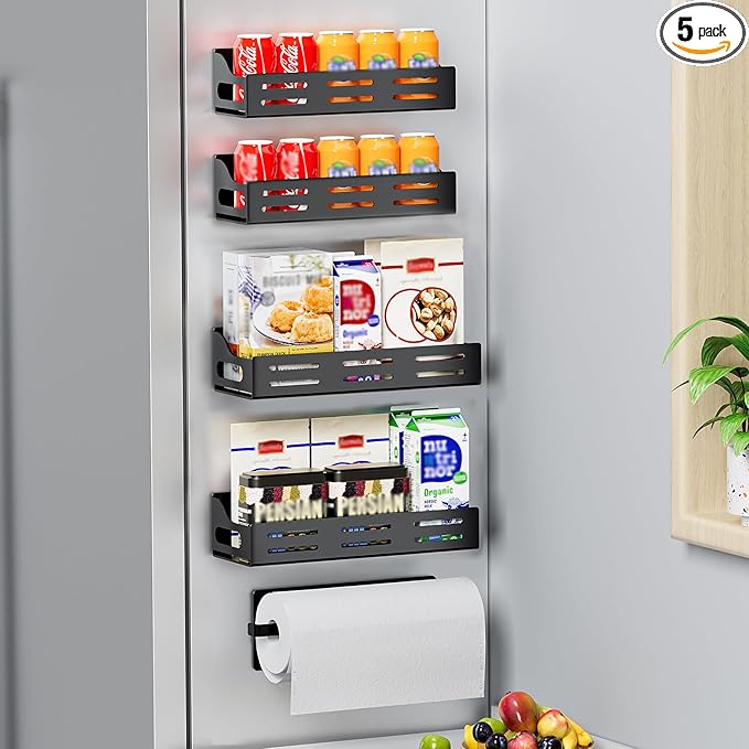Carwiner 5 Pack Magnetic Spice Rack for Refrigerator with Paper Towel Holder, Strong Magnetic Fridge Shelf, Rustproof Side Fridge Storage Rack for Kitchen