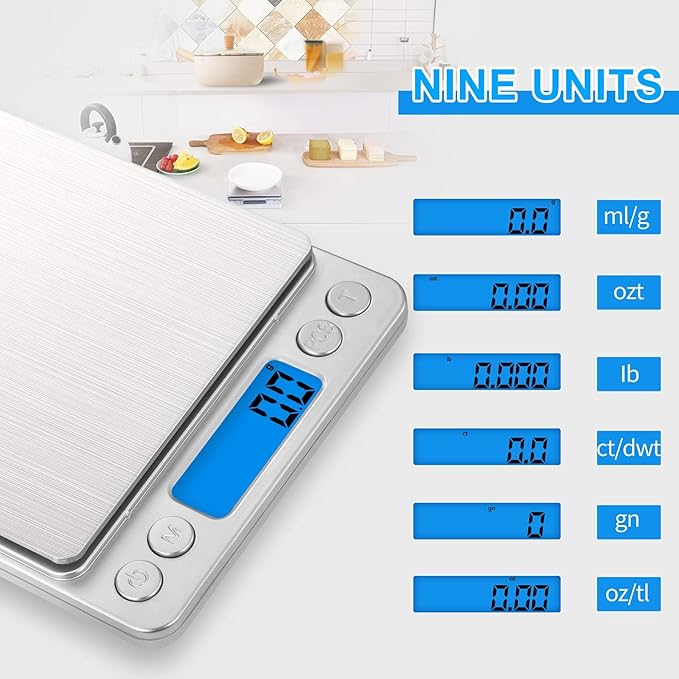 Small Digital Food Scale Ounce/OZ and Gram Scale, Kitchen Scale 3000g/0.1g High Precision for Baking, Soap Making, Jewelry, Includes 2 Trays and Batteries, 9 Units, Tare Function, Easy to Store