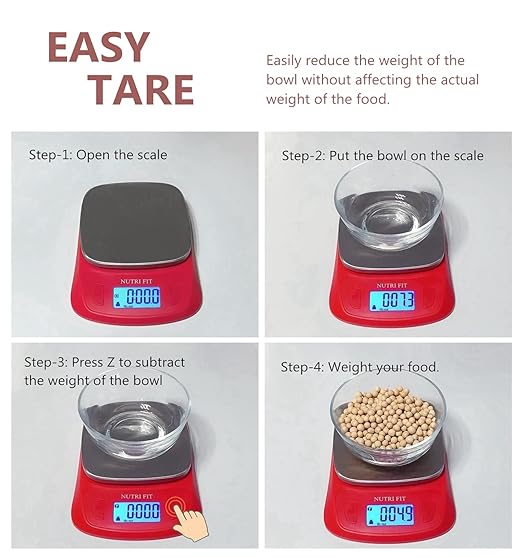 NUTRI FIT Ultra Slim Food Scale Digital Kitchen 1g Increment Measure in lb oz ml High Precision Weight in Grams and oz for Coffee Making, Meal Prep - Red/Stainless Steel