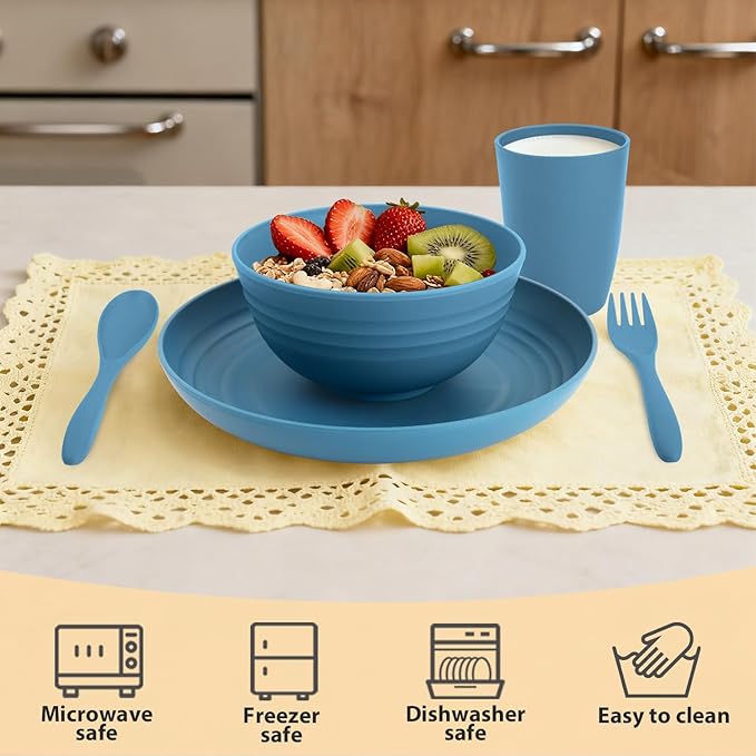Wheat Straw Dinnerware Sets for 4, Reusable Plastic Dinner Plates, Unbreakable Kids Plates and Bowls Sets 20 PCS, Dishwasher & Microwave Safe Kitchen Camping Dorm Dish Sets- Blue