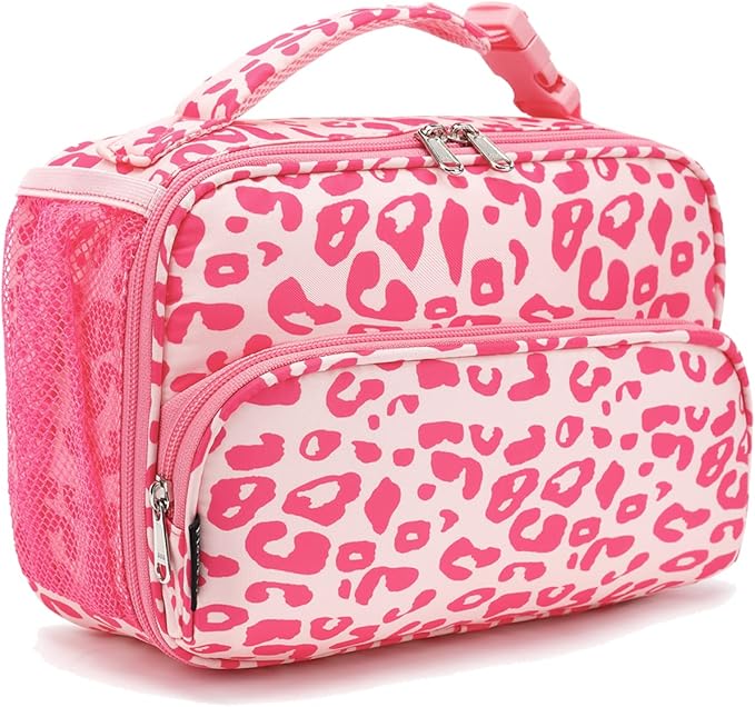 FlowFly Kids Lunch box with buckle Insulated Cooler Back to School Thermal Meal Tote Kit for Girls, Boys, Pink Cow