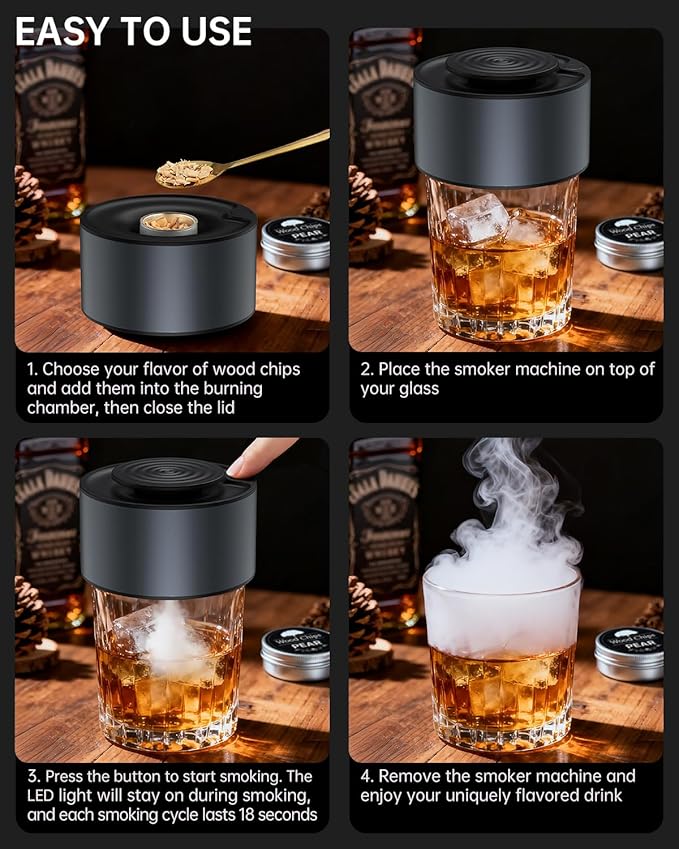 Electric Whiskey Smoker Kit, Rechargeable Bourbon Smoker Kit with 6 Flavors of Natural Wood Chips, Drink Smoker Infuser Kit Cocktail Idea Christmas Birthday Gifts for Men Husband Dad Him