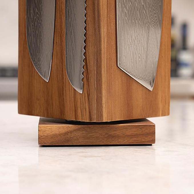 SENKEN Rotating Magnetic Knife Block without Knives, Natural Acacia Hardwood - 360 Degrees Rotation - Ultra Strong Neodymium Magnets, Universal Knife Holder & Storage (Block with Steak Knife Slots)