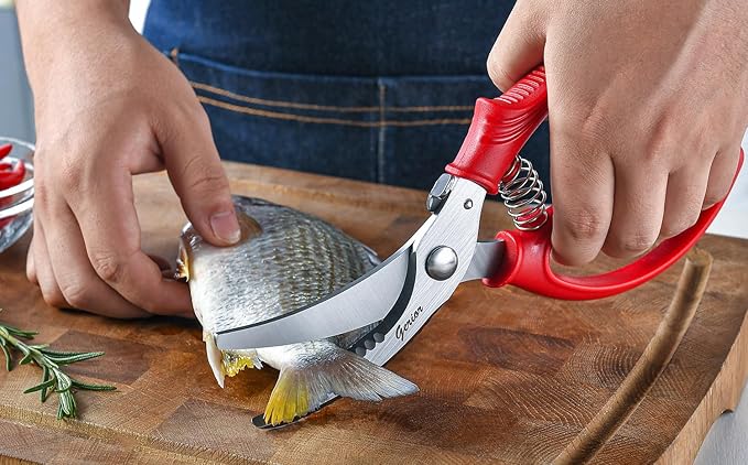 Heavy Duty Poultry Shears - Kitchen Scissors for Cutting Chicken, Poultry, Game, Meat - Chopping Vegetable - Spring Loaded - Red