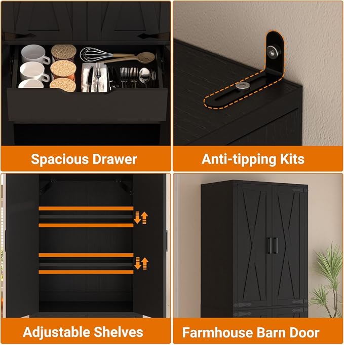 Unikito Kitchen Pantry Cabinet with Farmhouse Barn Doors and Storage Drawer, 4 Adjustable Shelves, Freestanding Tall 71" Cupboard for Kitchen, Dining Room, Living Room, Utility Room, Black