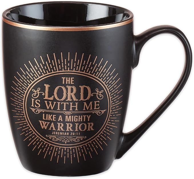 Christian Art Gifts Black Stoneware Coffee Mug with Gold Rim for Women and Men – 12 oz. Lead and Cadmium-free Coffee and Tea Mug with Inspirational Bible Verse: The Lord Is With Me - Jeremiah 20:11