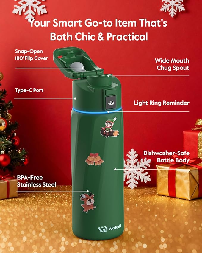BOOST Smart Water Bottle with Reminder & Tracker, 24oz Vacuum Insulated Bottles Stainless Steel, BPA-Free, Wide Mouth, Ideal Gift for Men, Women, Christmas, Thanksgiving Day, Gym, Office, School
