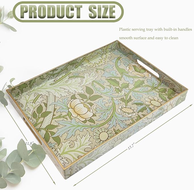Spsyrine Serving Tray with Handles, Plastic Decorative Tray for Coffee Table, Living Room, Home Decor, Dianthus