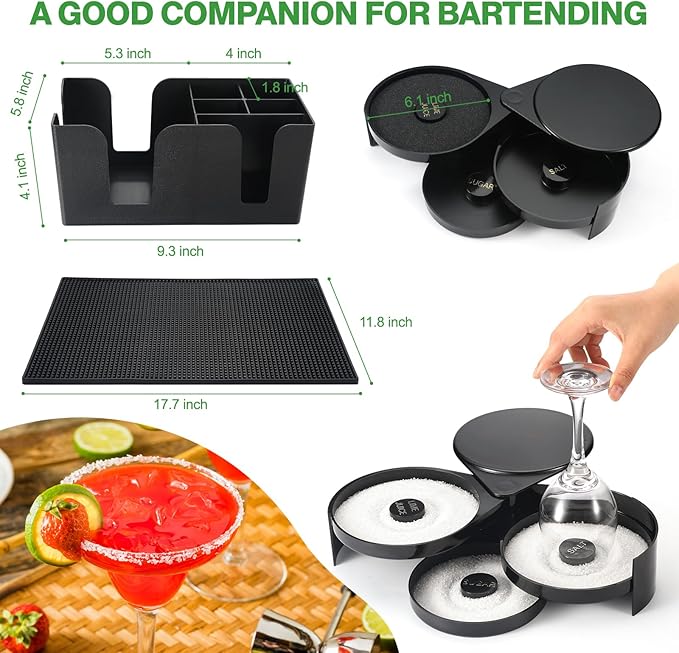 Bartending Supplies - 18" x 12" Bar Mat Garnish Tray with Lid Bar Caddy 3 Tier Bar Glass Rimmer, 2 Plastic Juice Pour Bottles 3 Mini Tongs 12 Classic Liquor Bottle Pourers 500 Cocktail Straws(Clear)