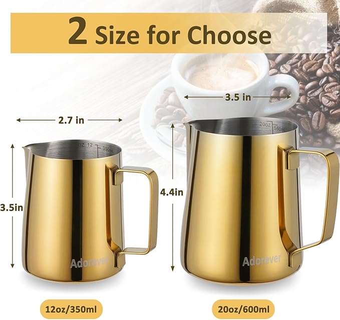 Milk Frothing Pitcher, 600ml (20oz) Steaming Pitchers Stainless Steel Milk Coffee Cappuccino Latte Art Barista Steam Pitchers Milk Jug Cup with Decorating Art Pen, Gold