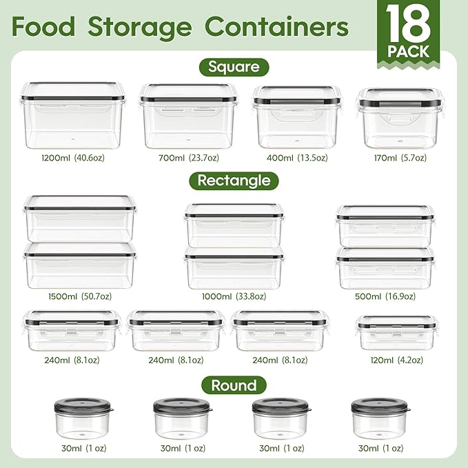 36-Piece Food Storage Containers with Lids(18 Container & 18 Lid), Plastic Food Containers for Pantry & Kitchen Storage and Organization, BPA-Free, Leak Proof, Reusable with Labels & Pen