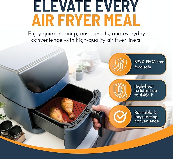 Reusable Square Silicone Air Fryer Liners (8.5 Inch, 3 Pack) by Linda’s Essentials - Non-Stick, Easy-Clean Accessories with Cheat Sheet & Recipe Book, Perfect for Quick Meals