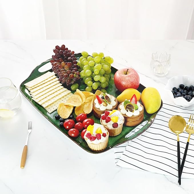 TP Serving Trays with Handles, 17 x 12 Inch Melamine Serving Platters for Food, Meat, Set of 2 Rectangular Trays for Eating, Retro Green