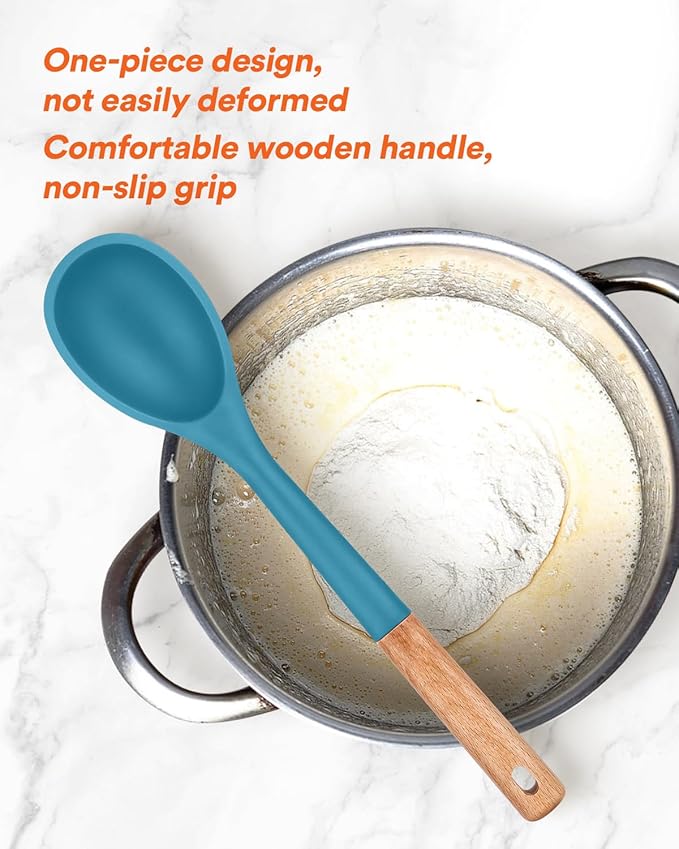 Large Silicone Cooking Spoons, Nonstick Solid Wooden Handle Spoon, Heat Resistan Silicone Kitchen Spoons for Cooking, Serving, Basting, Mixing, 13.2inch (BLUE)