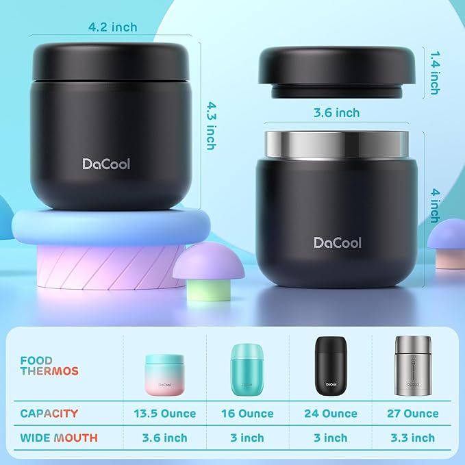 DaCool Kids Thermo for Hot Food Vacuum Stainless Steel Insulated Food Jar 13 OZ Kids Food Thermo Insulated Lunch Container Bento for School Picnic Travel Outdoors,LeakproofBPA Free, Black