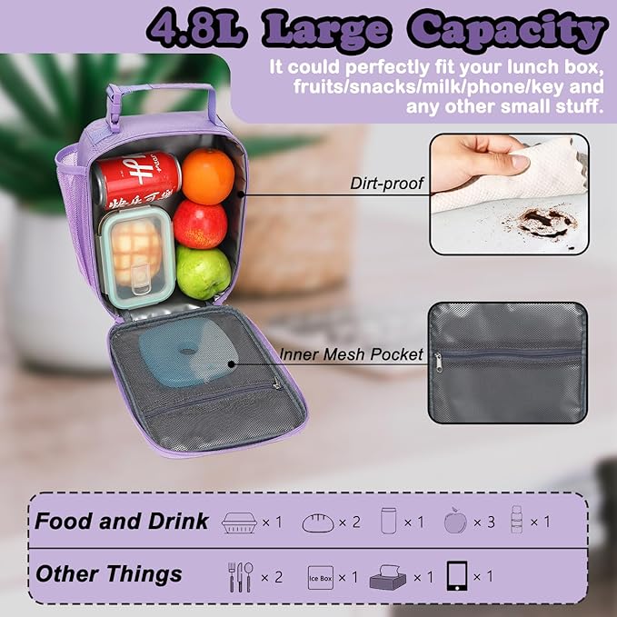 FlowFly Lunch box Insulated Soft Bag Mini Cooler Back to School Thermal Meal Tote Kit With Buckle and Mesh Side Pocket for Girls, Boys, PurpleWithLetter