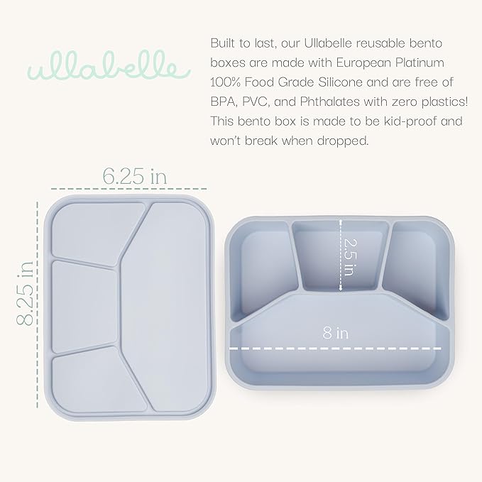 Ullabelle Leak Proof Bento Box Food-Grade Silicone Bento, BPA, Phthalate, Lead, & PVC Free - Lunch Box for Daycare, Kids, & Adults - Leak Resistant Sets With Lids Snack Box Container (Periwinkle 4)