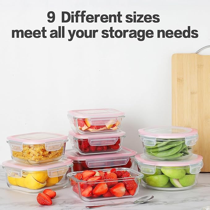 HOMBERKING 24pc Glass Food Storage Containers with Lids, Airtight Glass Bento Boxes, BPA Free & Leak Proof, Pantry Kitchen Storage (12 Lids & 12 Containers) - Pink