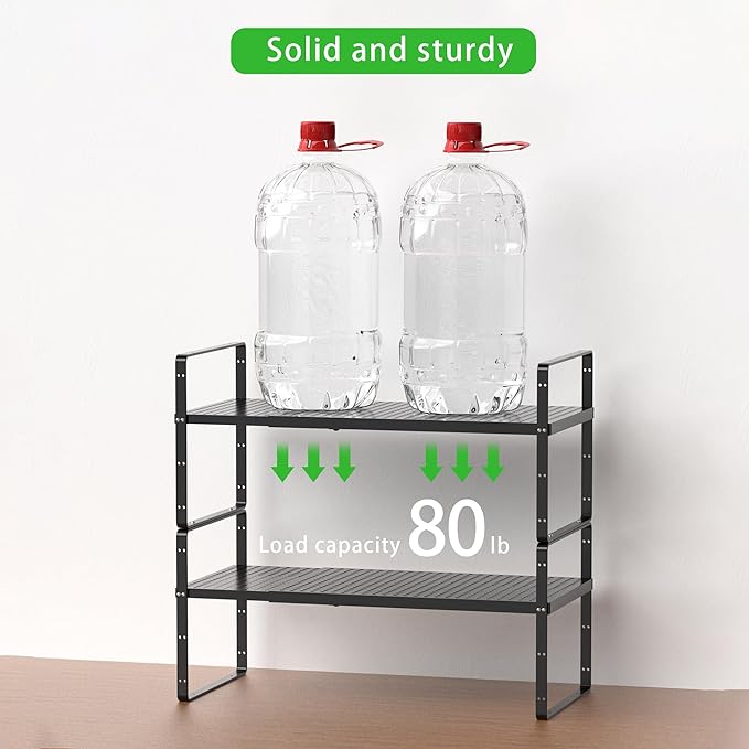 Expandable Cabinet Storage Shelf Stackable Organizer Rack for Kitchen Bathroom Pantry Spice Cupboard Coffee Countertop Home Office Desk Heavy Duty Nonslip Black Large 2 Packs