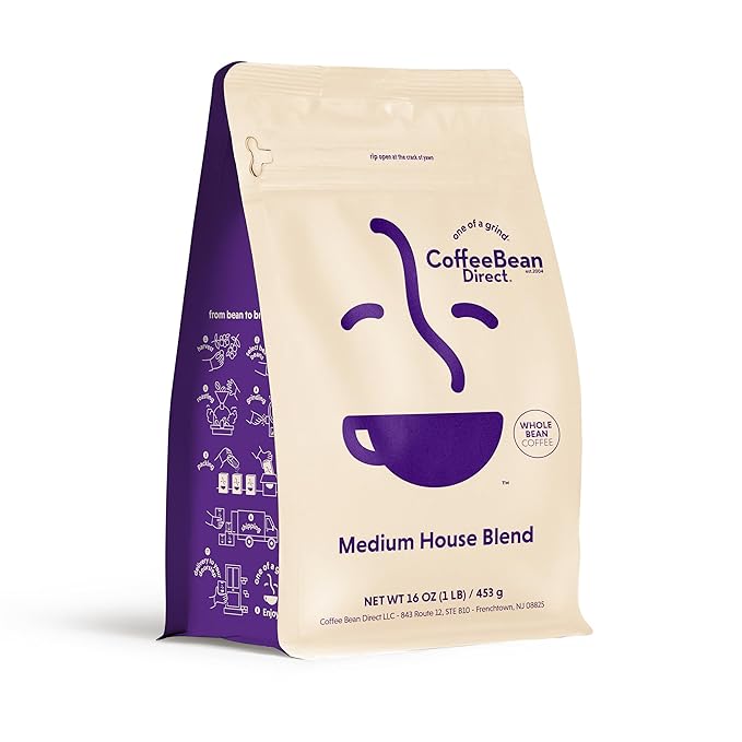 Coffee Bean Direct Medium House Blend, Whole Bean Coffee, Medium Roast, 1 Pound Bag (Pack of 1)