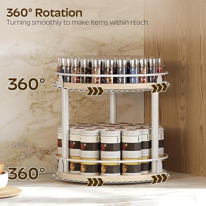 Lazy Susan Organizer, Rotating Spice Rack, 2 Tier Spice Turntable Organizer, Industrial Turntable Spice Holder, for Kitchen Countertop, Compact and Versatile, White and Light Oak SR22WG