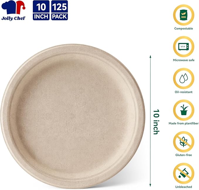JOLLY CHEF Compostable Heavy Duty Plates 𝟭𝟬 𝗜𝗻𝗰𝗵 [𝟭𝟮𝟱 𝗣𝗮𝗰𝗸] Eco-Friendly Disposable Paper Plates Made of Bagasse Biodegradable Bulk for Party Dinner Sugarcane Thanksgiving Day (Natural)