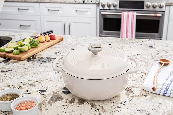 Lodge 7.5 Quart Enameled Cast Iron Dutch Oven with Lid – Dual Handles – Oven Safe up to 500° F or on Stovetop - Use to Marinate, Cook, Bake, Refrigerate and Serve – Oyster White