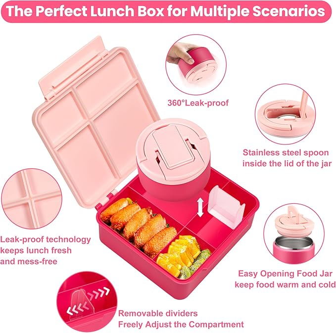 Bento Lunch Box for Kids with 8oz Soup Thermo,Kids Leakproof Lunch Food Containers with 4 Compartment,Kid Insulated Thermo Hot Food Jar for School,Trvael-Pink