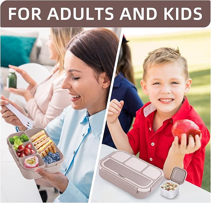 QQKO Bento Box Adult Lunch Box, Lunch Containers for Adults Men Women, Kids Lunch Boxes for School with 4 Compartments, Sauce Container, Utensils and Muffin Cups, Brown