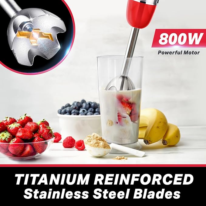Mueller Multistick 800W 5-in-1 Immersion Blender Handheld, 12 Speed Hand Mixer - Turbo Boost, Heaviest Duty Copper Motor, Titanium Blades Hand Blender, Milk Frother Wand, Red Kitchen Accessories