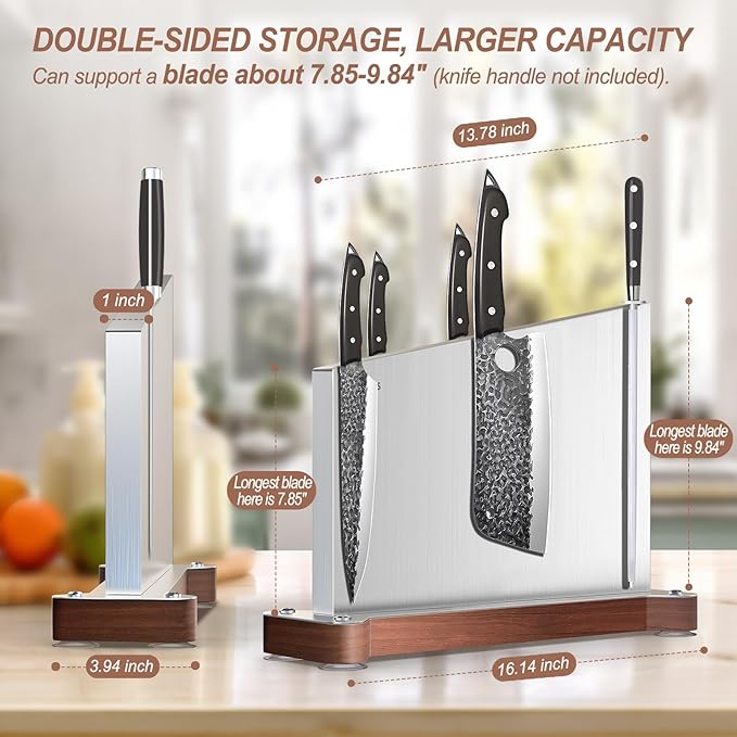 Large Magnetic Knife Holder16.15 x 11 Inches, Double Sided Magnetic Knife Block Without Knives, Stainless Steel Knife Storage Rack for Kitchen Counter With Strong Magnet Stand & Wood Base