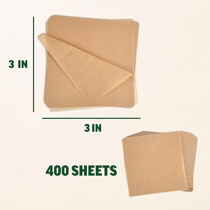 Zenlogy 3x3 Small Parchment Paper Squares (400 sheets) - Unbleached, Non-stick, Pre-cut Mini Parchment Paper - For Diamond Painting, Freezing, Storing, Separating, Flower Piping and Lining