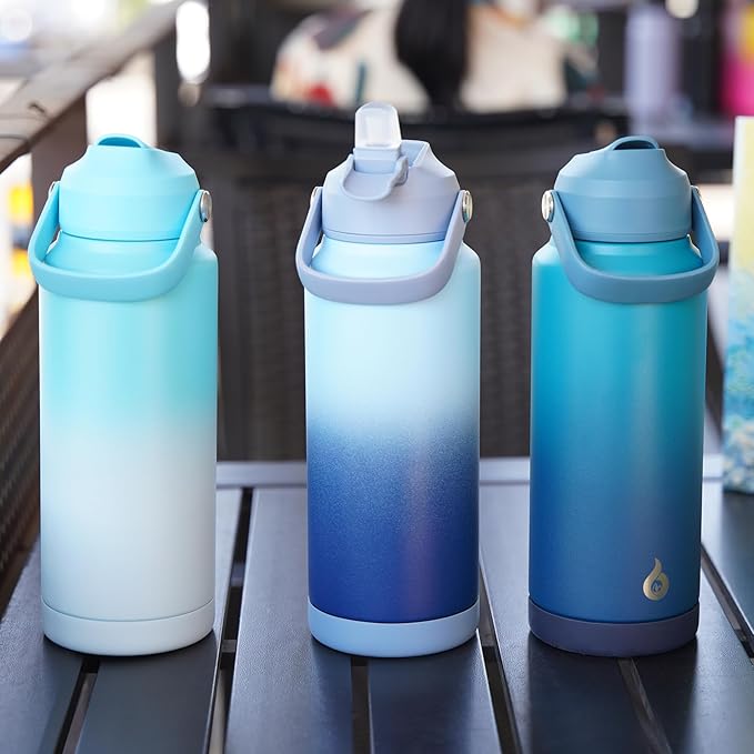 BJPKPK Insulated Water Bottle with Straw Lid, 18oz Thermo Water Bottles with Soft Nozzle, Flex Handle & Non-slip Boot, BPA Free Leak Proof Stainless Steel Metal Thermo, Tumblers, Cups,Sky